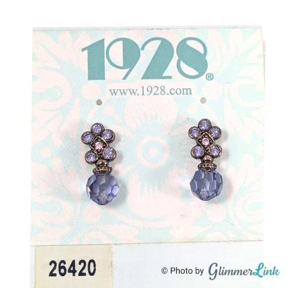 1928 Dainty Purple Crystal Flower Tiered Bronze Tone Pierced Stud Earrings - Picture 2 of 5